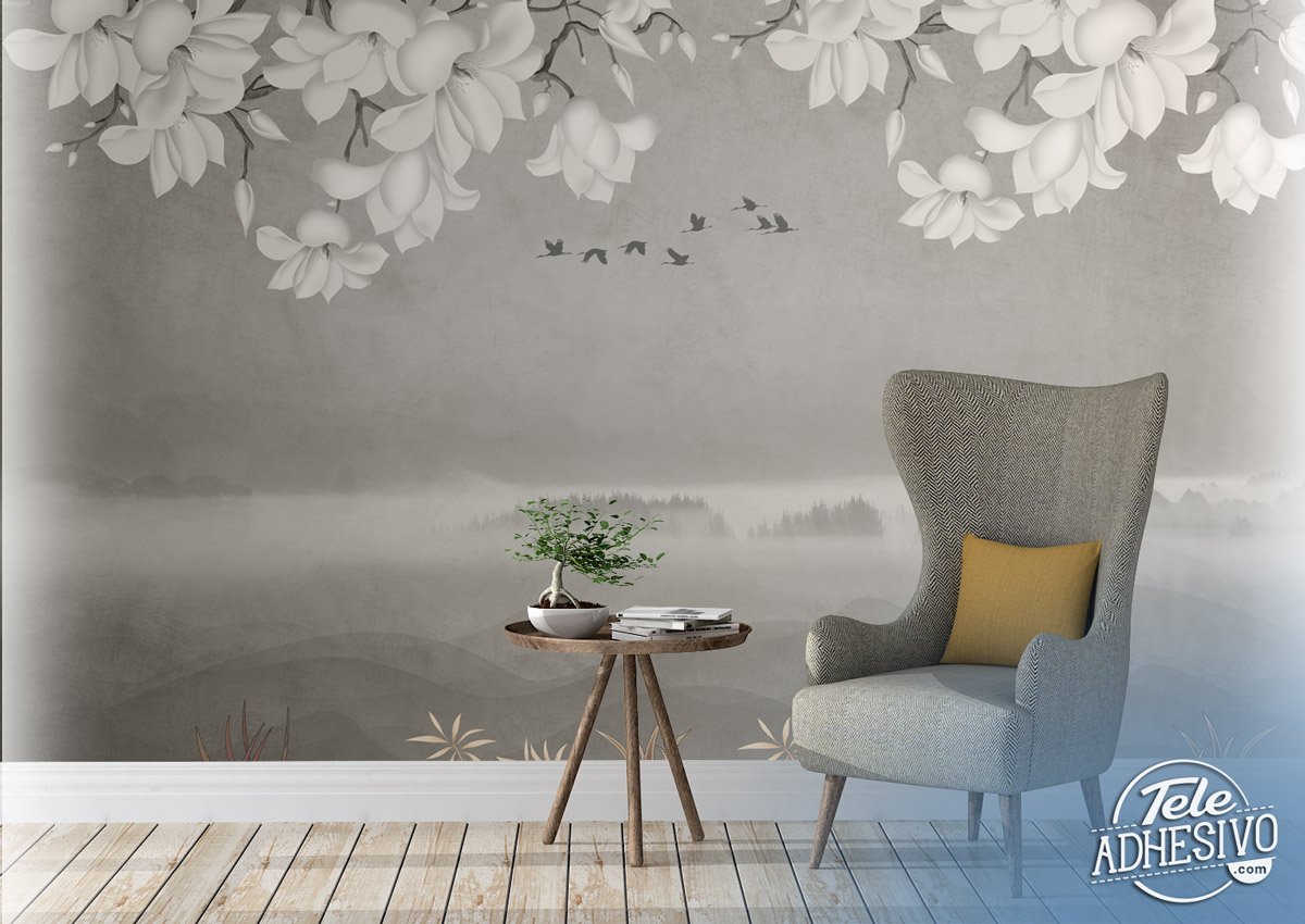 Wall Murals: Landscape with White Flowers