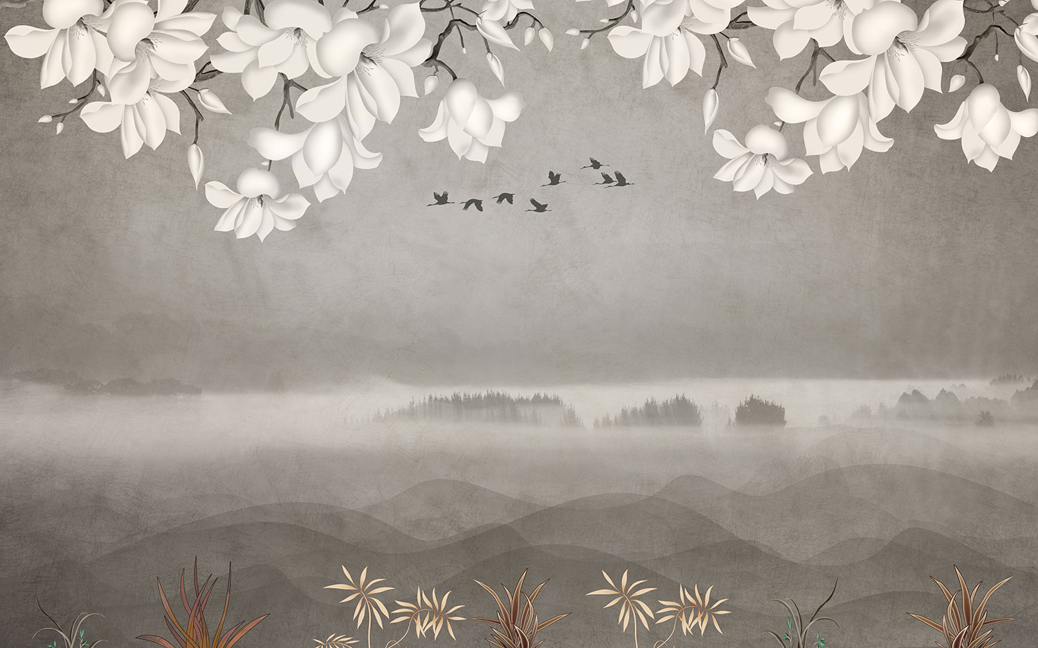 Wall Murals: Landscape with White Flowers