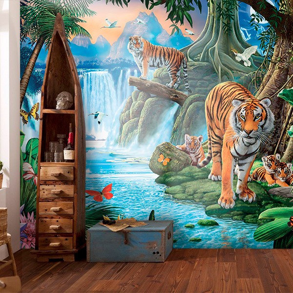 Wall Murals: Tigers in a waterfall 0