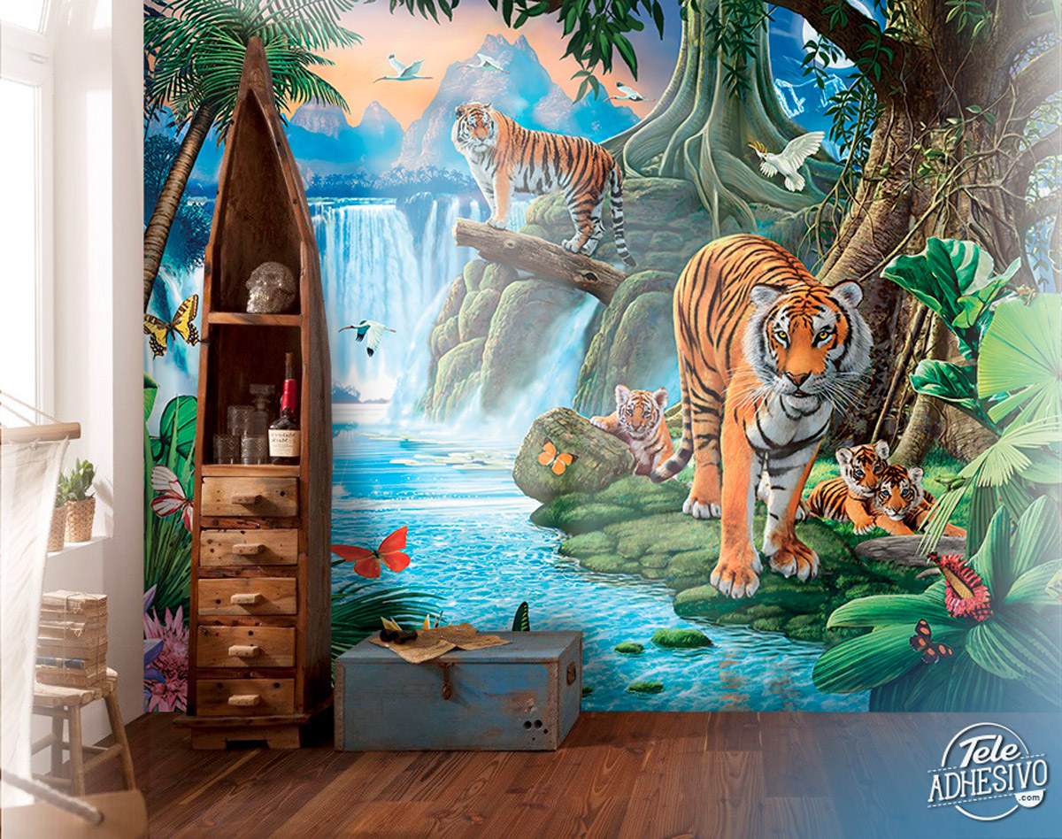 Wall Murals: Tigers in a waterfall