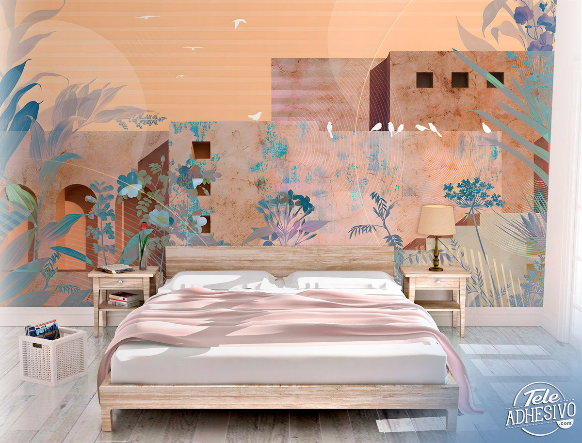 Wall Murals: Houses at sunset