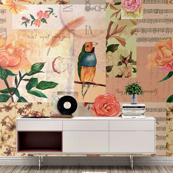 Wall Murals: Collage bird and flowers
