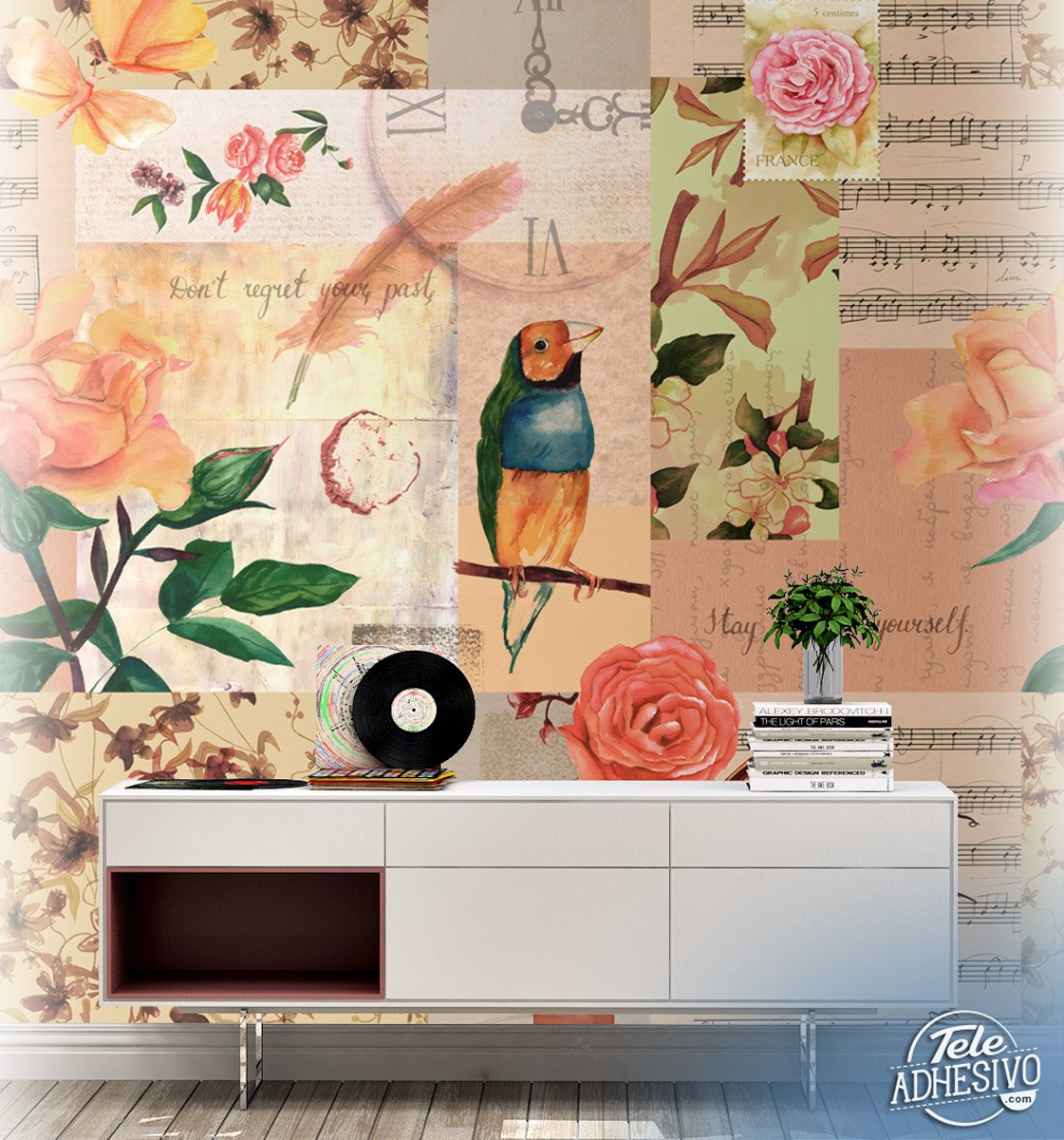 Wall Murals: Collage bird and flowers