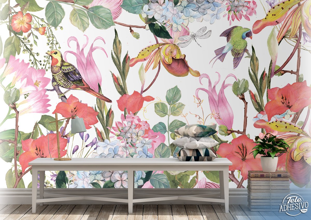 Wall Murals: Birds camouflaged with flowers