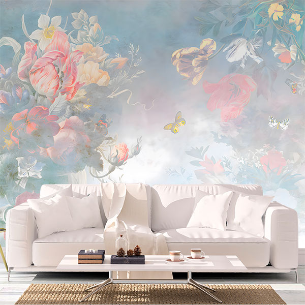 Wall Murals: Flowers and butterflies in pastel shades
