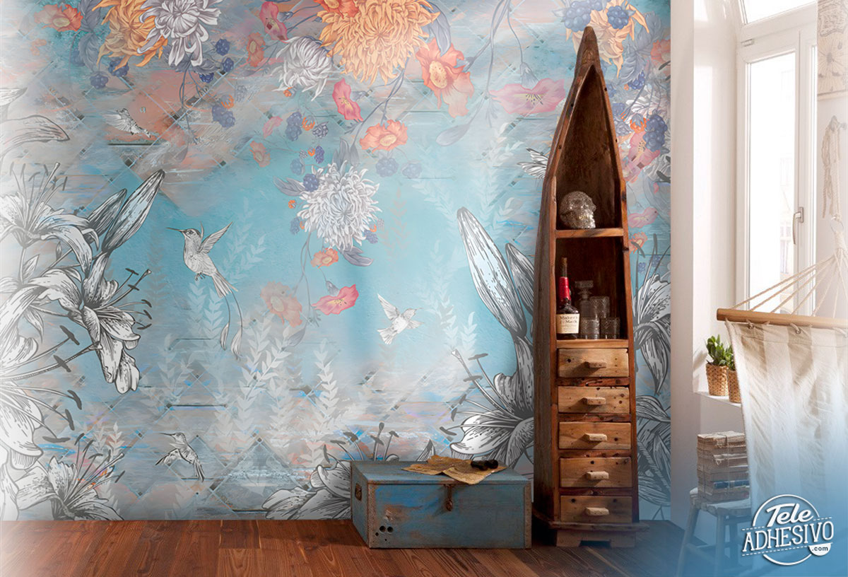 Wall Murals: Illustration plants and birds