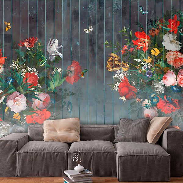 Wall Murals: Wood painted with flowers