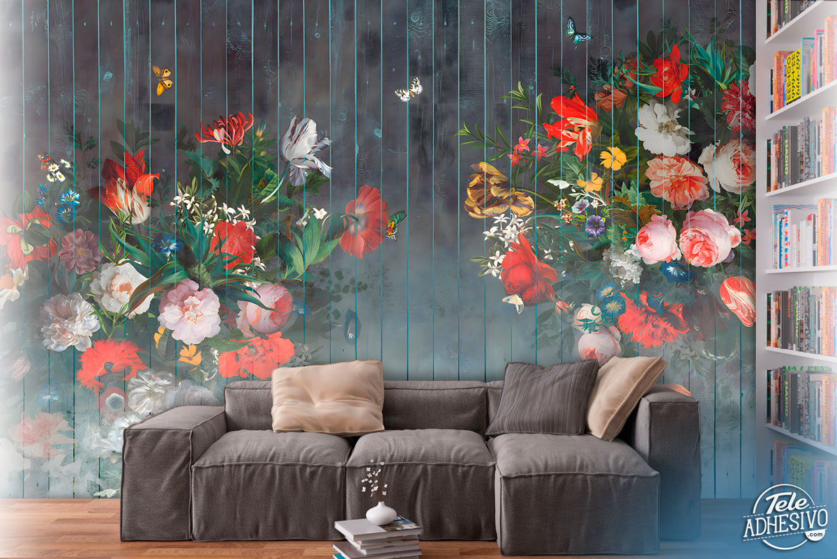 Wall Murals: Wood painted with flowers