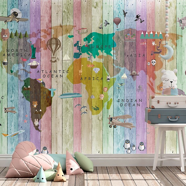 Wall Murals: Children's world map colourful pallets