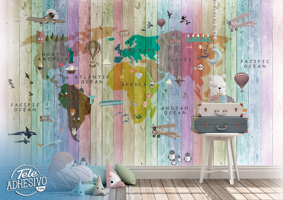 Wall Murals: Children's world map colourful pallets