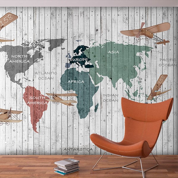 Wall Murals: Children's world map on wood