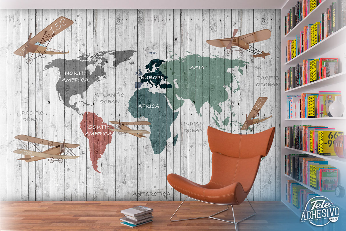 Wall Murals: Children's world map on wood