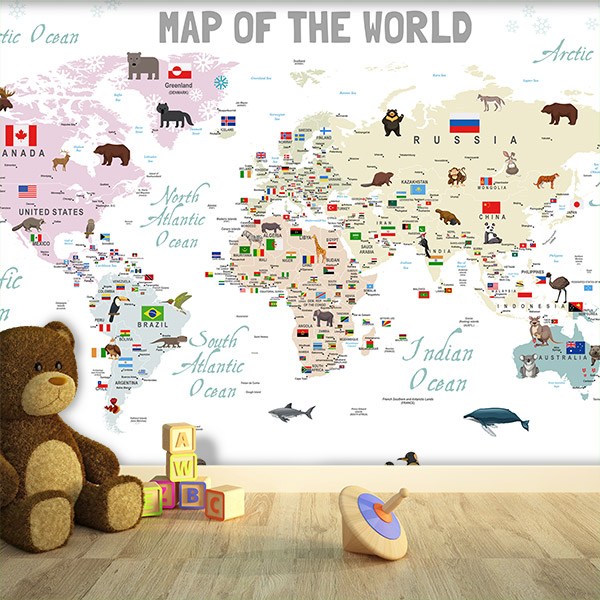 Wall Murals: Children's world map with flags and animals