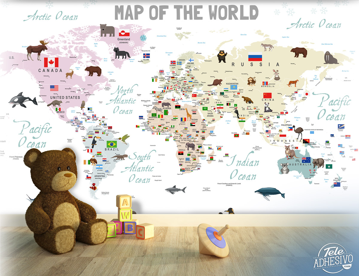 Wall Murals: Children's world map with flags and animals
