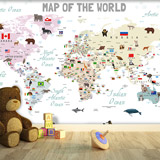Wall Murals: Children's world map with flags and animals 2