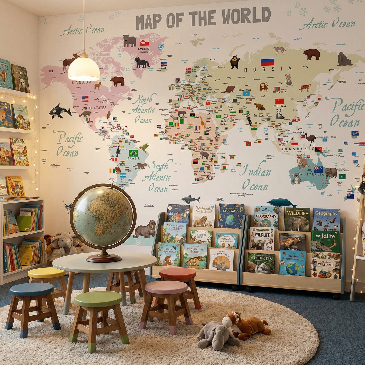 Wall Murals: Children's world map with flags and animals