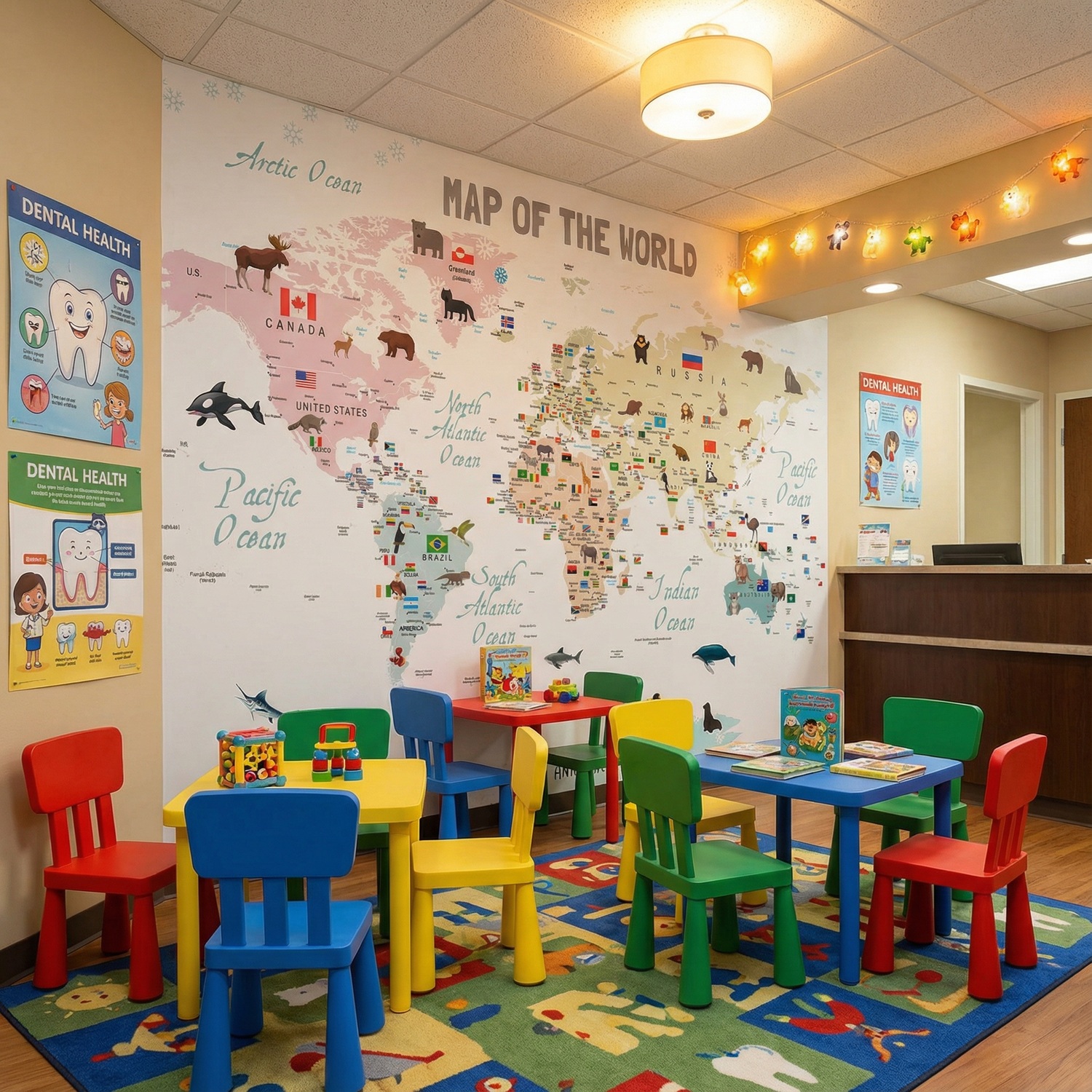 Wall Murals: Children's world map with flags and animals
