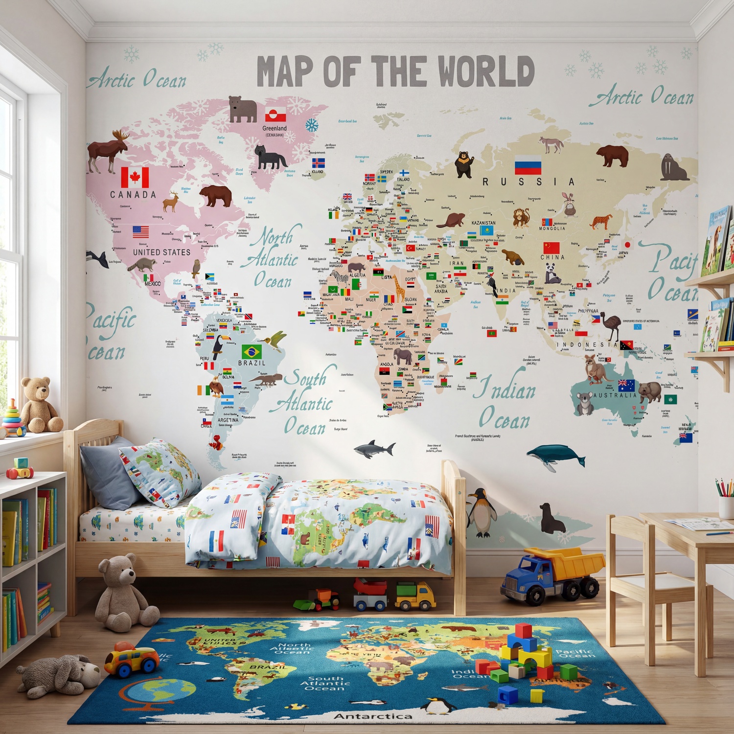 Wall Murals: Children's world map with flags and animals