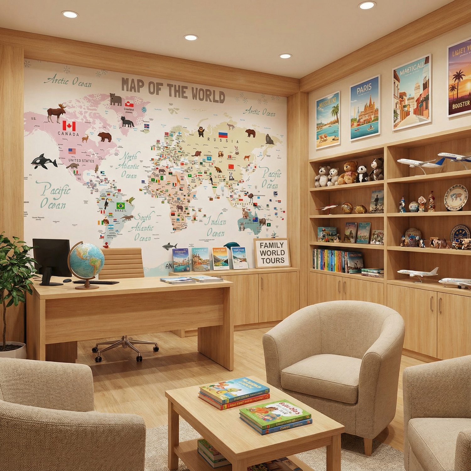 Wall Murals: Children's world map with flags and animals