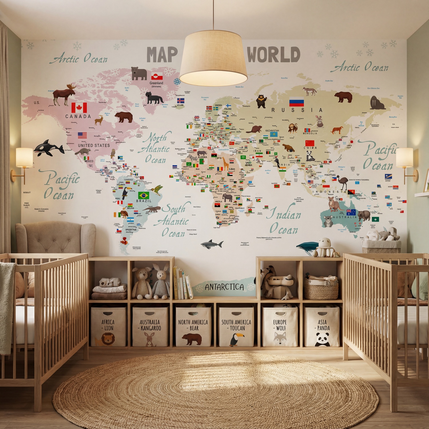 Wall Murals: Children's world map with flags and animals