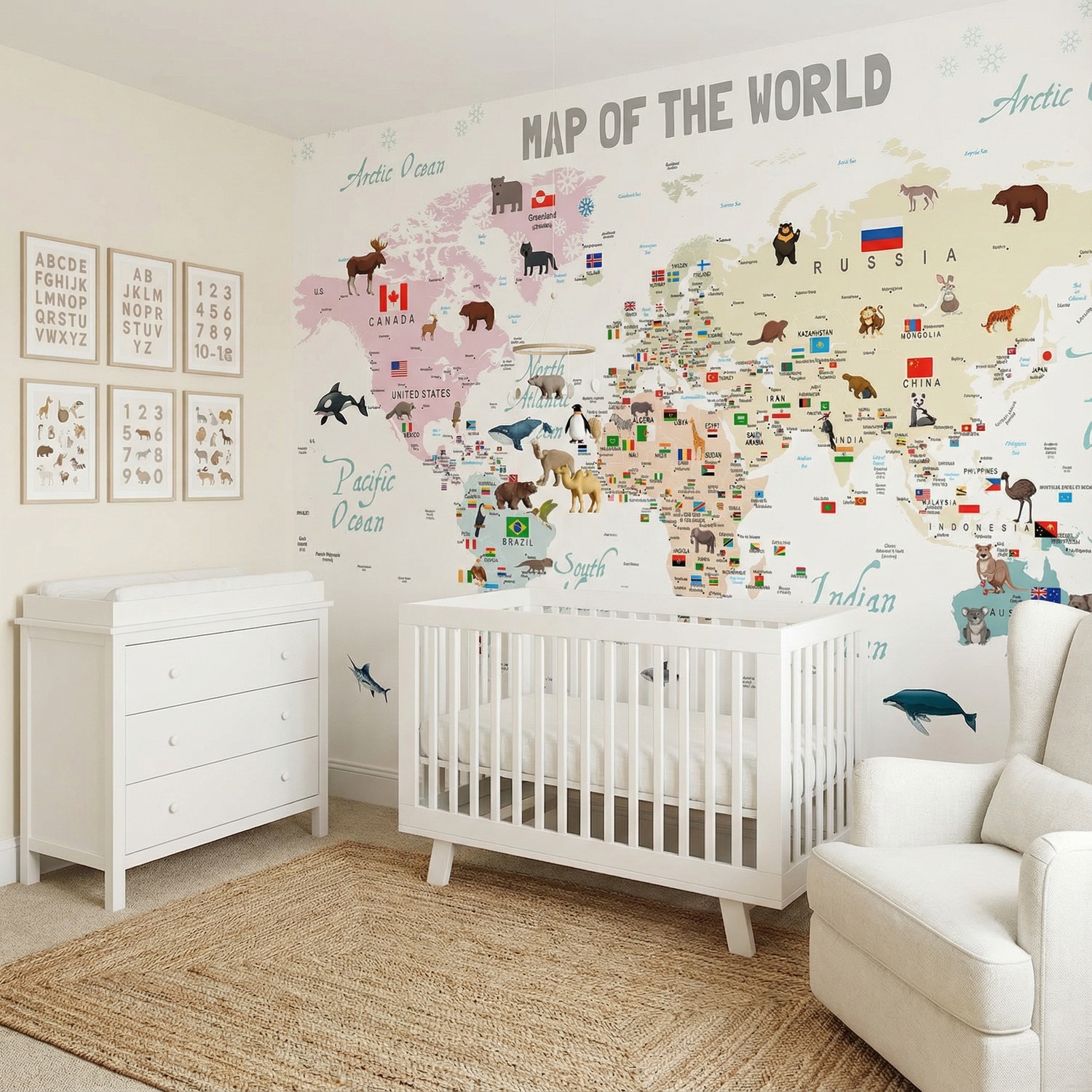 Wall Murals: Children's world map with flags and animals