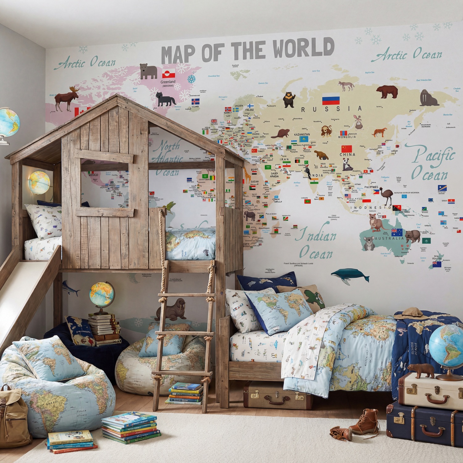 Wall Murals: Children's world map with flags and animals