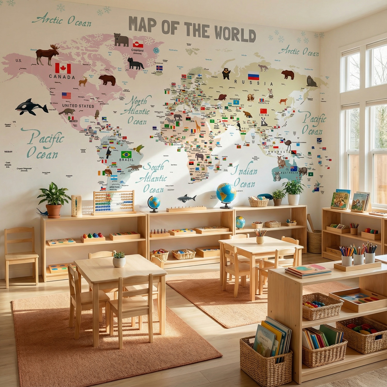 Wall Murals: Children's world map with flags and animals