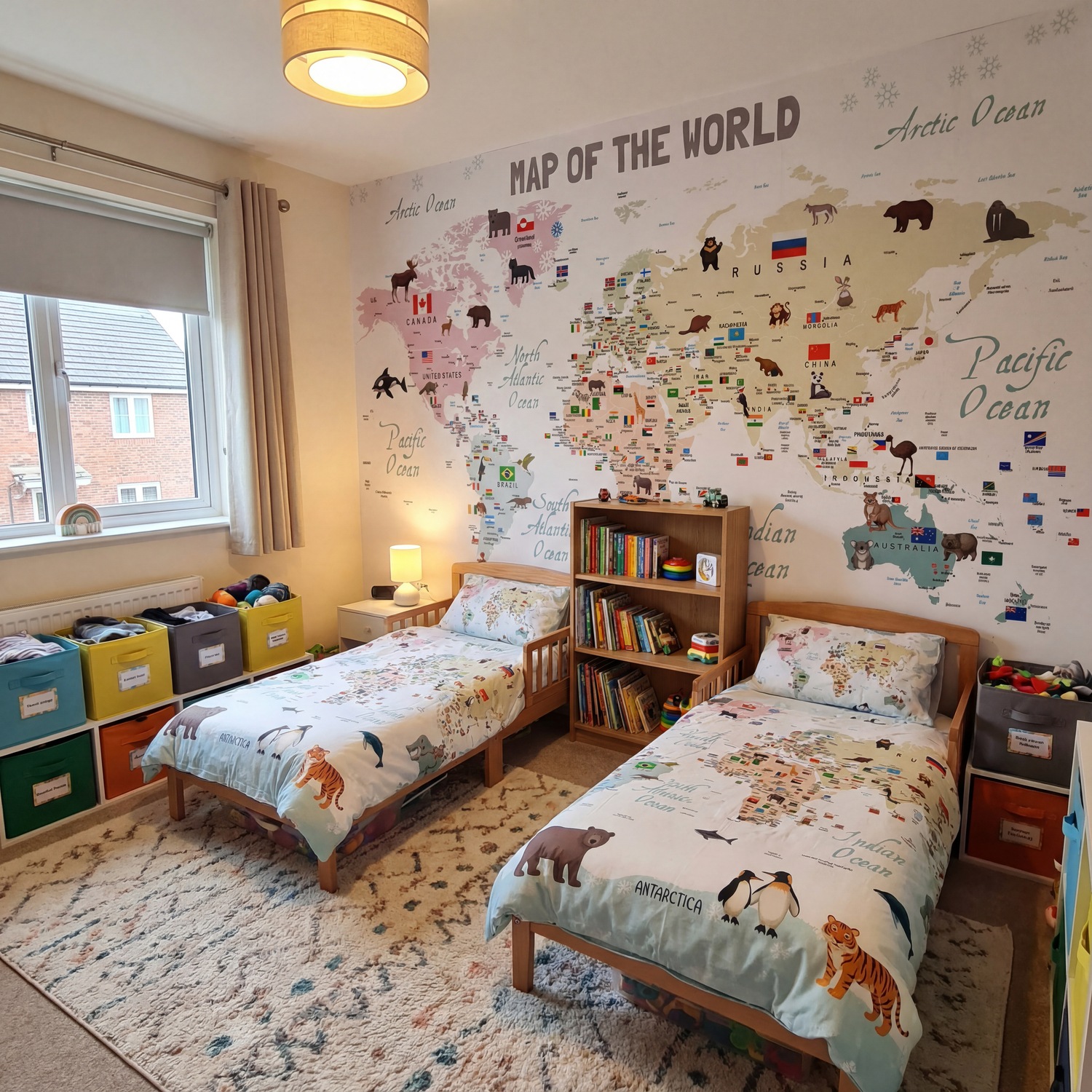 Wall Murals: Children's world map with flags and animals