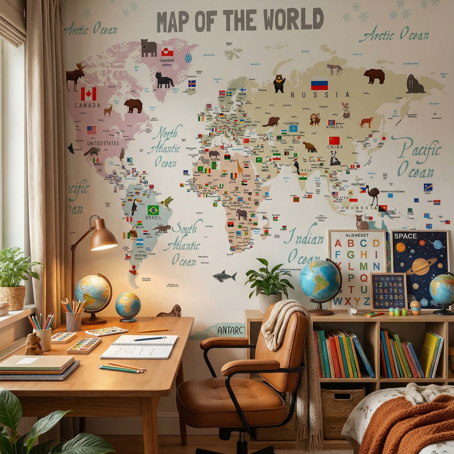 Wall Murals: Children's world map with flags and animals