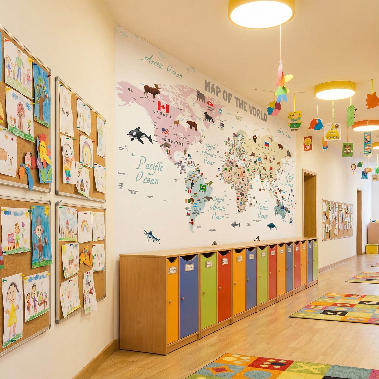 Wall Murals: Children's world map with flags and animals