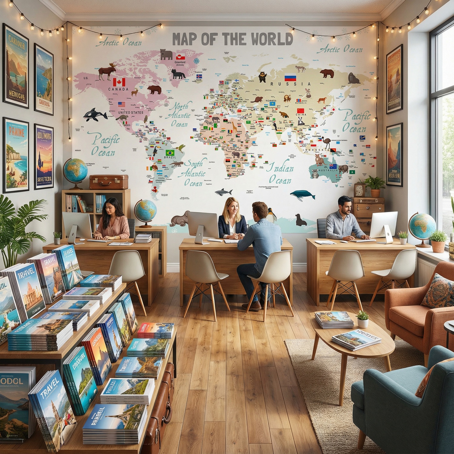 Wall Murals: Children's world map with flags and animals