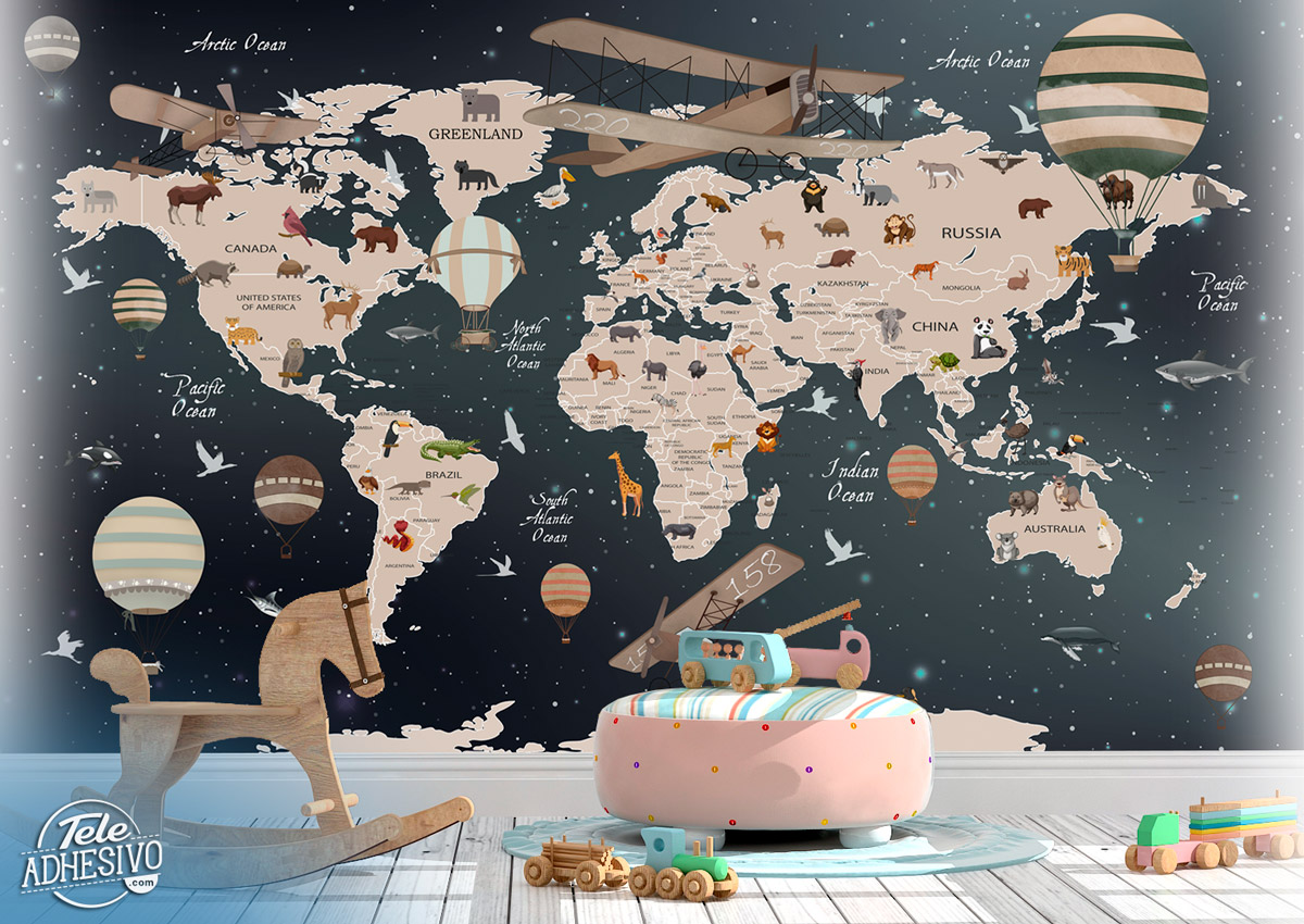 Wall Murals: Children's world map stars