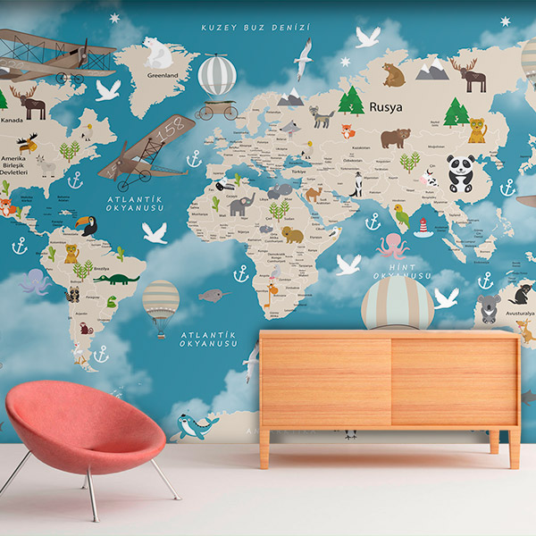 Wall Murals: Childrens world map clouds
