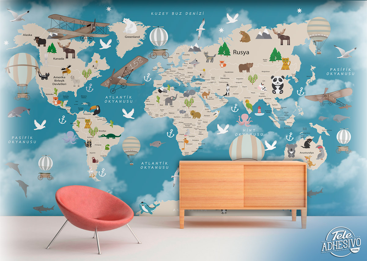 Wall Murals: Childrens world map clouds