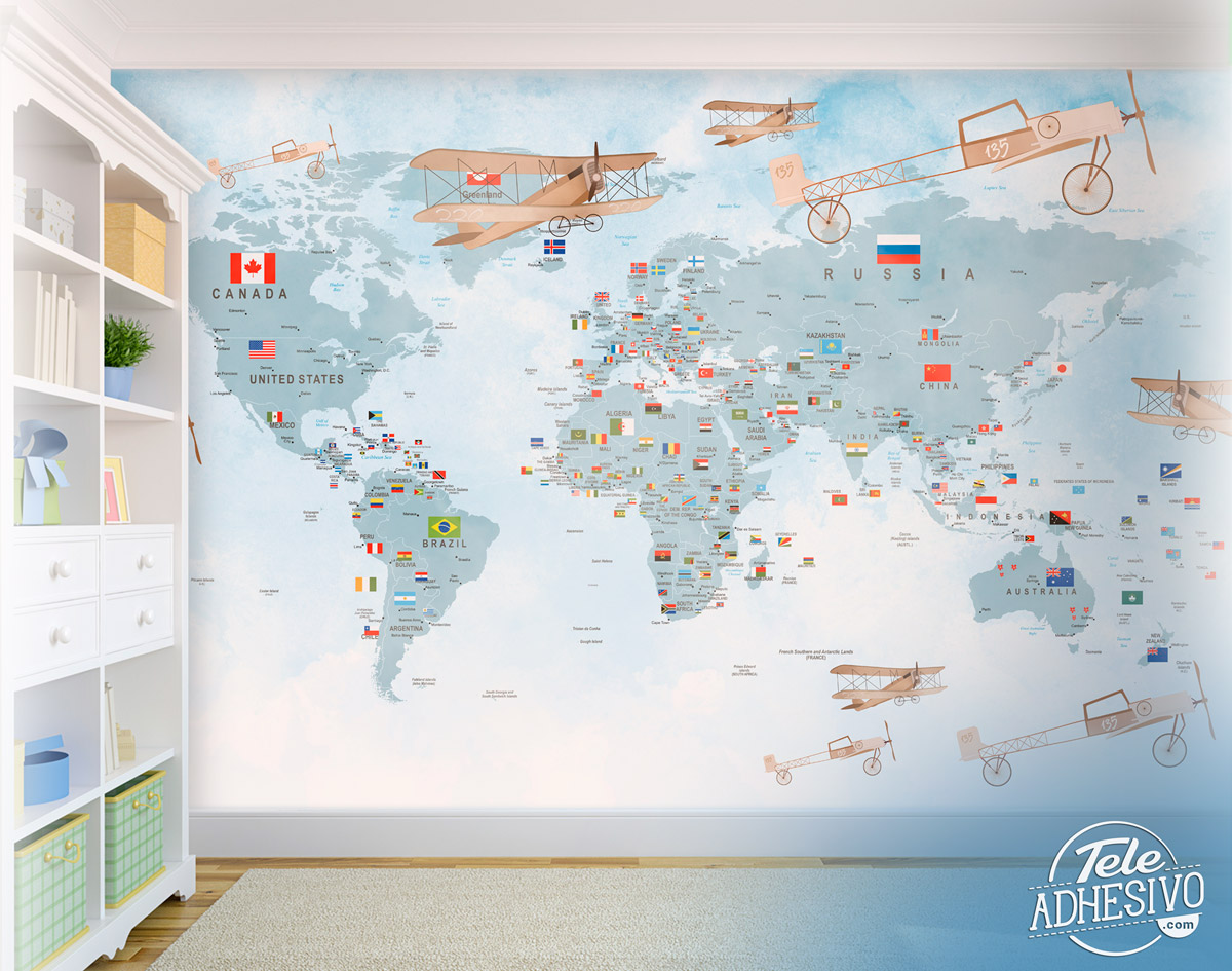 Wall Murals: Children world map with flags and planes