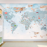 Wall Murals: Children world map with flags and planes 2