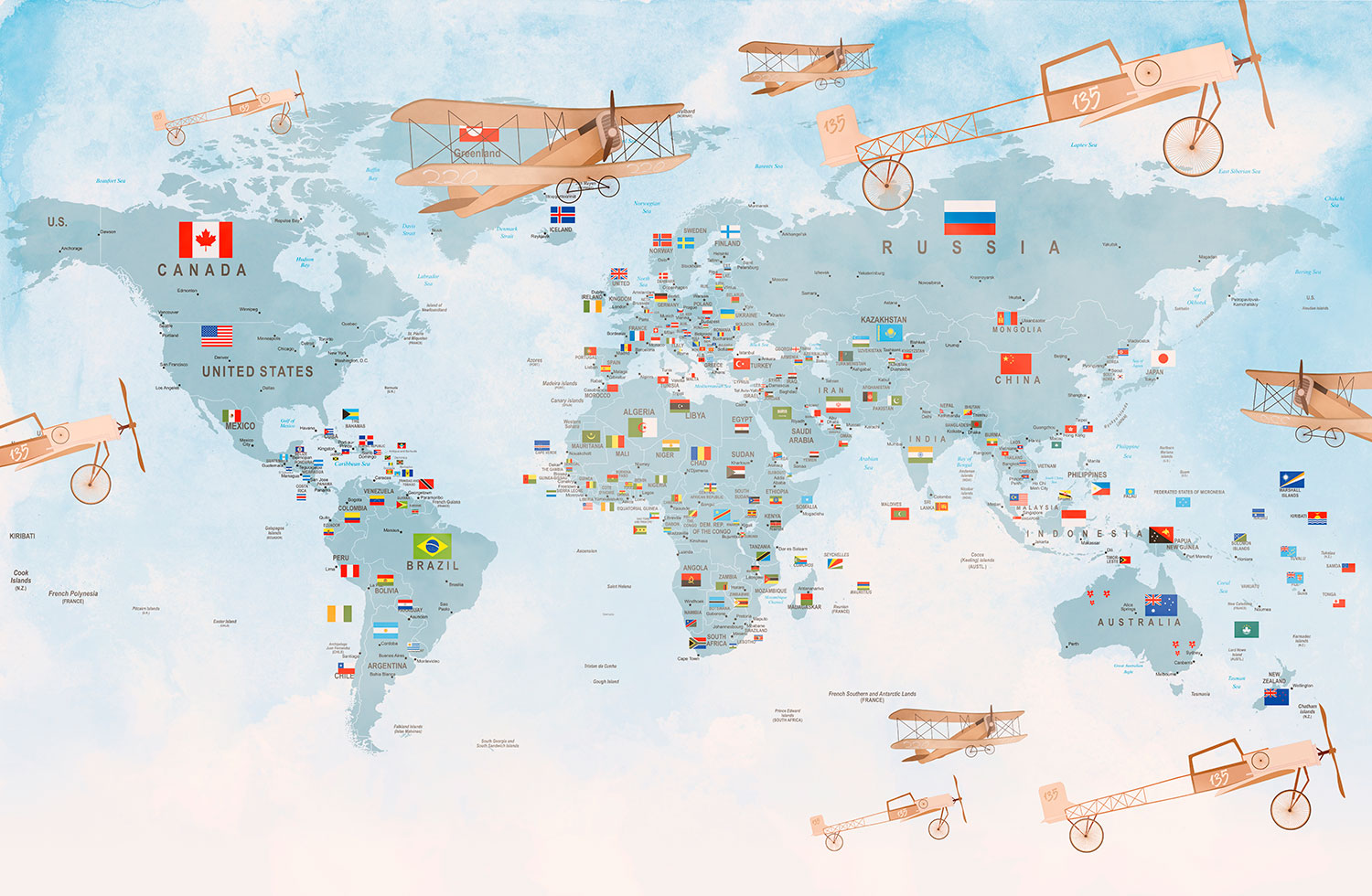 Wall Murals: Children world map with flags and planes