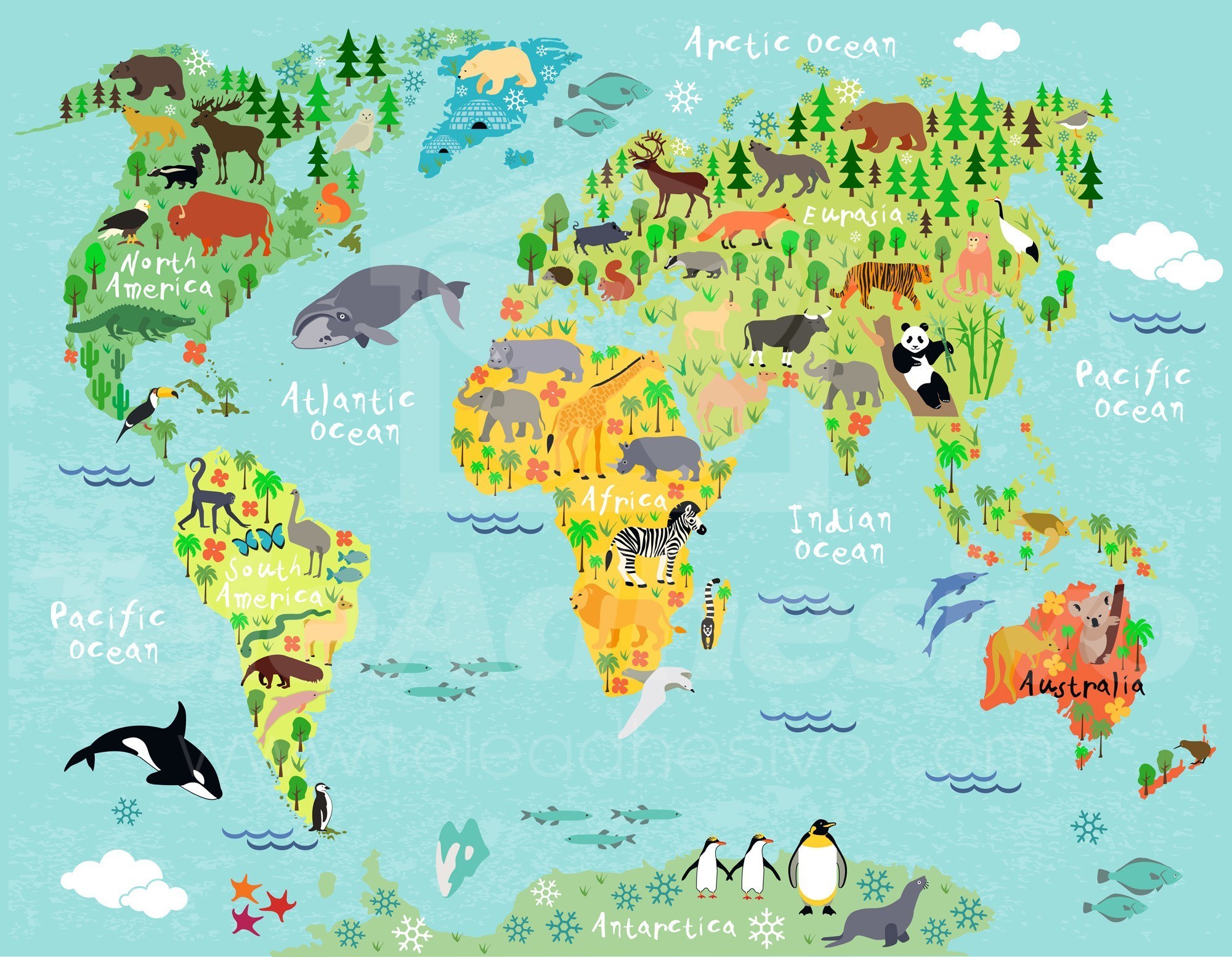 Kids wall sticker world map children's continents and animals ... World Map Continents For Kids