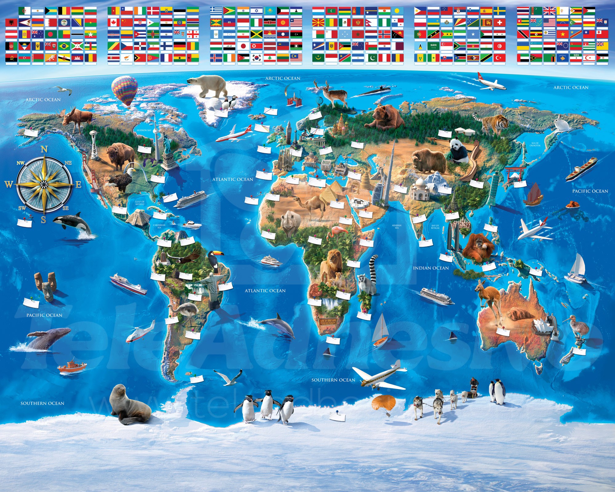 Wall Murals: World map for children Flags