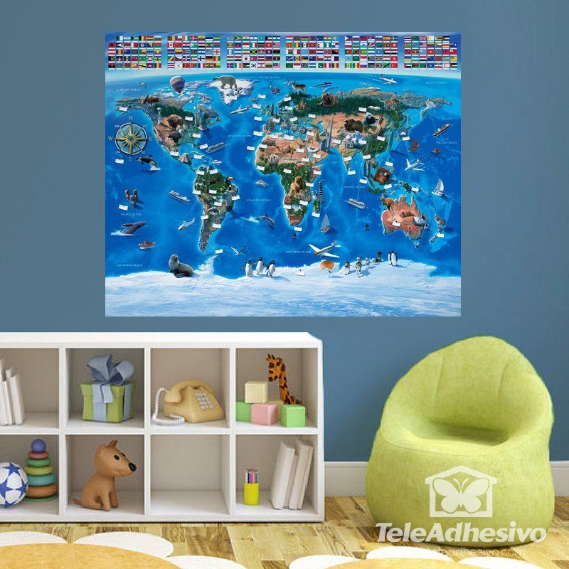 Wall Murals: World map for children Flags