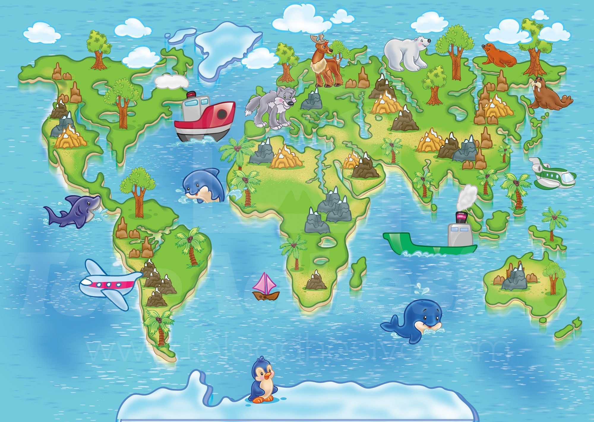 Wall Murals: Animal world map animals