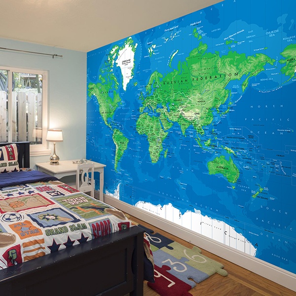 Wall Murals: World Map blue and green 0