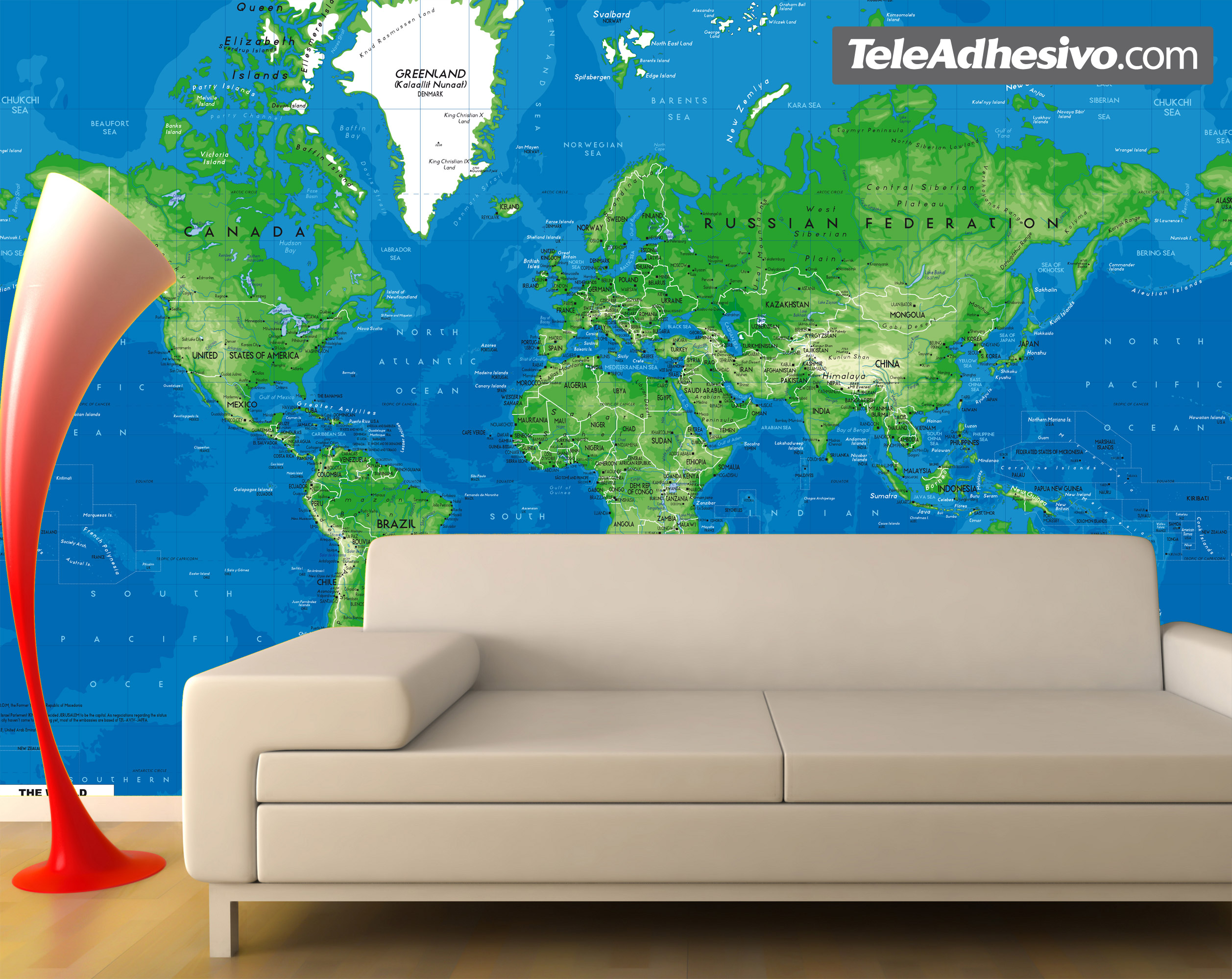 Wall Murals: World Map blue and green