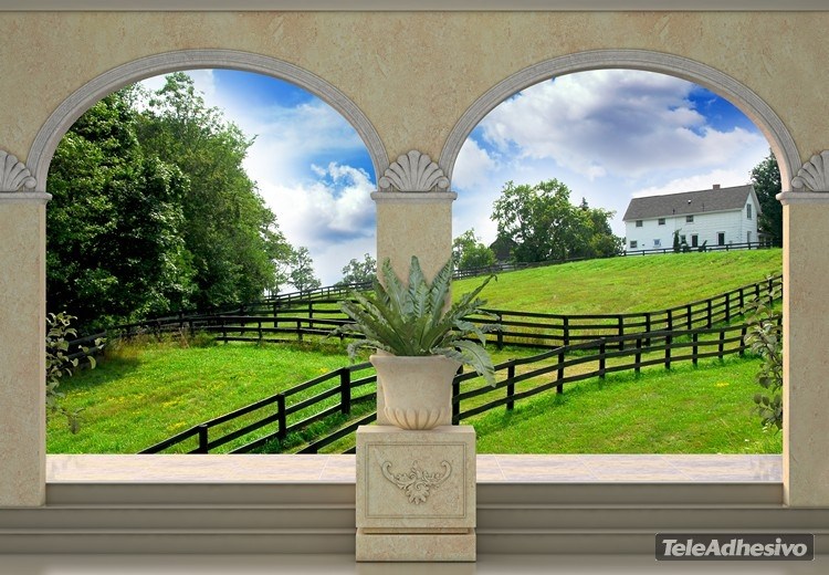 Wall Murals: Green meadow and farmhouse