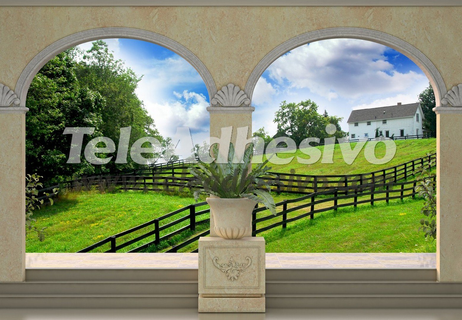 Wall Murals: Green meadow and farmhouse