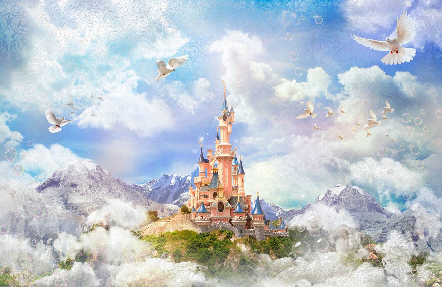 Wall Murals: Disney Castle between fog and mountains