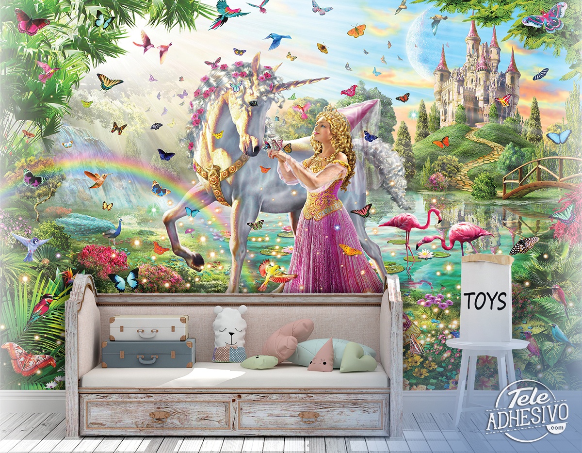 Wall Murals: Princess and unicorn in a magical garden