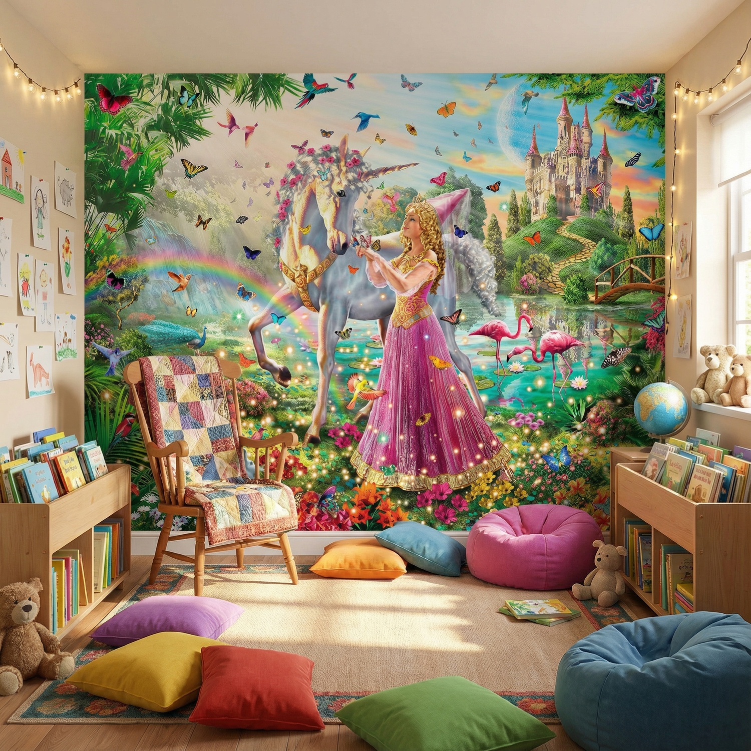 Wall Murals: Princess and unicorn in a magical garden