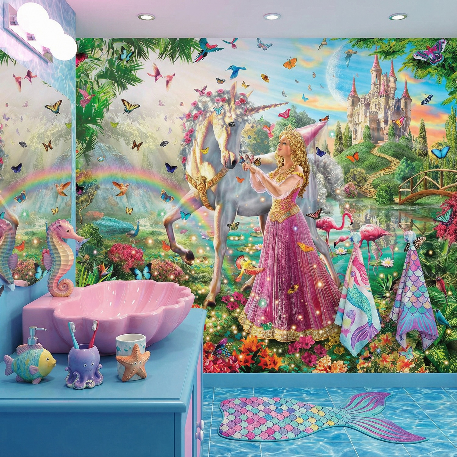 Wall Murals: Princess and unicorn in a magical garden