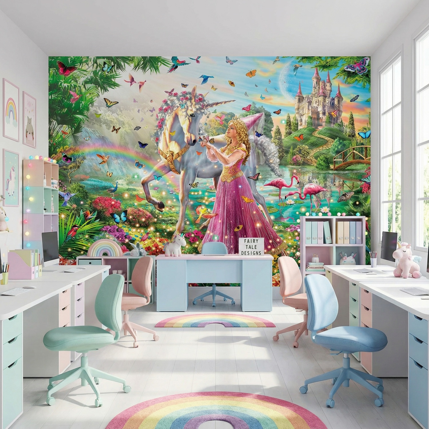 Wall Murals: Princess and unicorn in a magical garden
